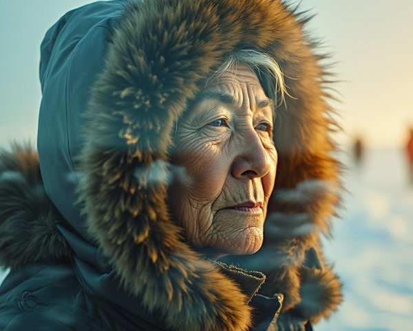 Elderly Woman in Warm Light Against Snowy Background