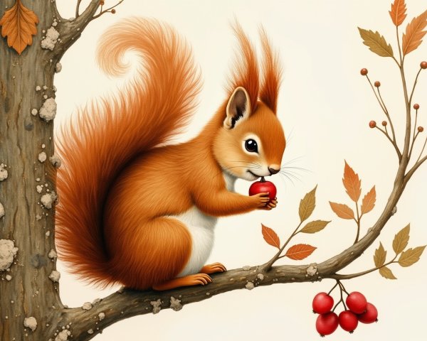 Fluffy-tailed squirrel with berry on autumn branch