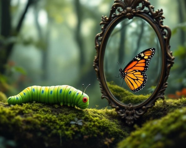 Caterpillar Reflects on Transformation in Forest Scene