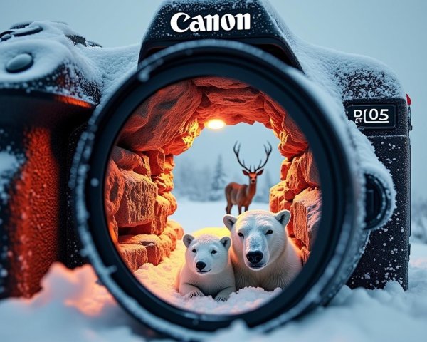 Polar Bear Cubs in Camera Lens Amidst Snowy Landscape