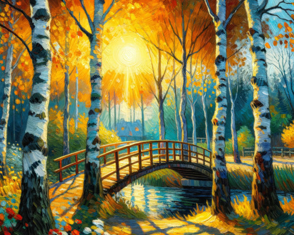 Autumn Landscape with Birch Trees and Wooden Bridge