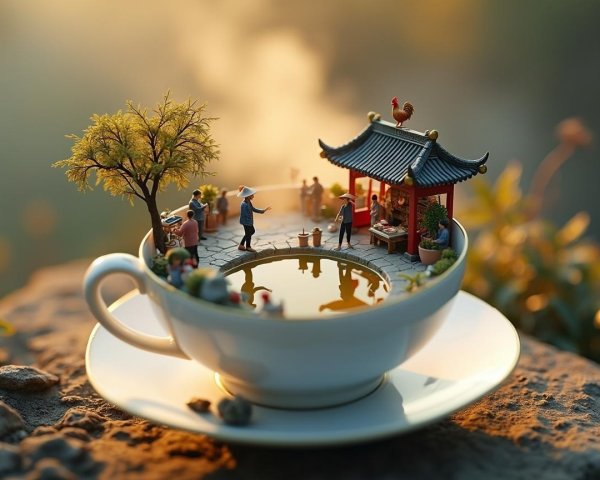Whimsical Teacup Scene with Tiny Figures and Nature
