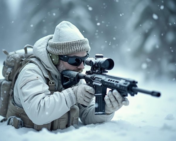 Soldier in Winter Camouflage Aiming in Snowy Landscape