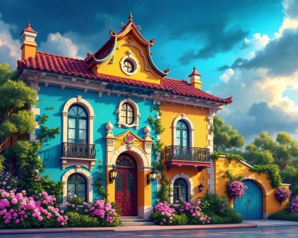 Whimsical House with Blue and Yellow Walls and Garden