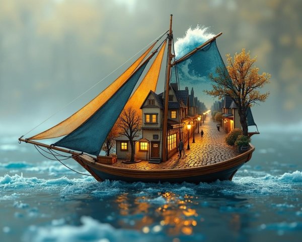 Sailing Boat Transformed into a Quaint Village Scene