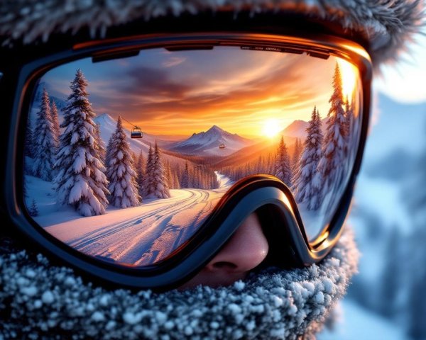 Close-up of Ski Goggles Reflecting Snowy Landscape