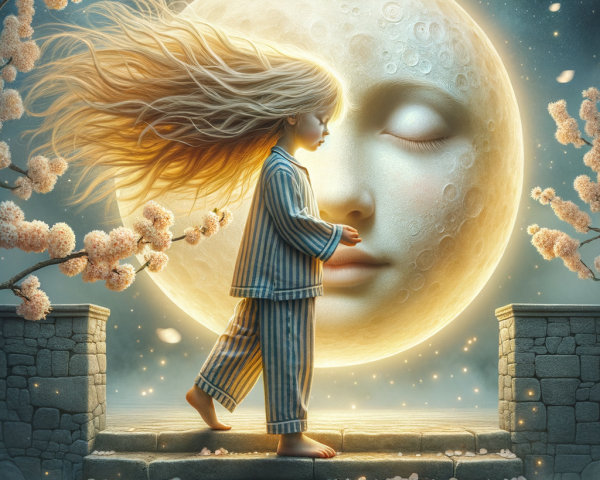 Young Girl in Pajamas Ascends Steps to Glowing Moon