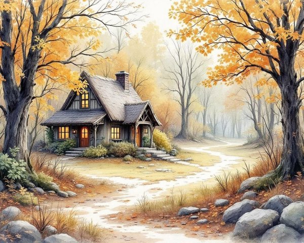 Charming Cottage in a Serene Autumn Forest Scene