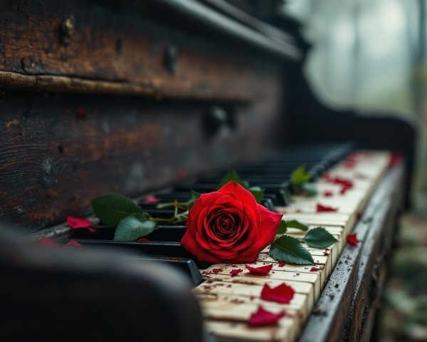 Wooden piano with rose petals in a misty setting