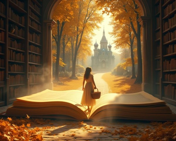 Young Woman in Yellow Dress by Open Book and Castle