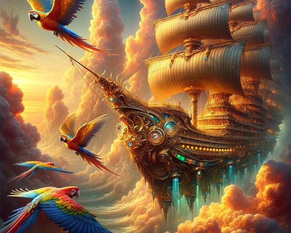 Ornate ship sailing in a colorful, vibrant sky