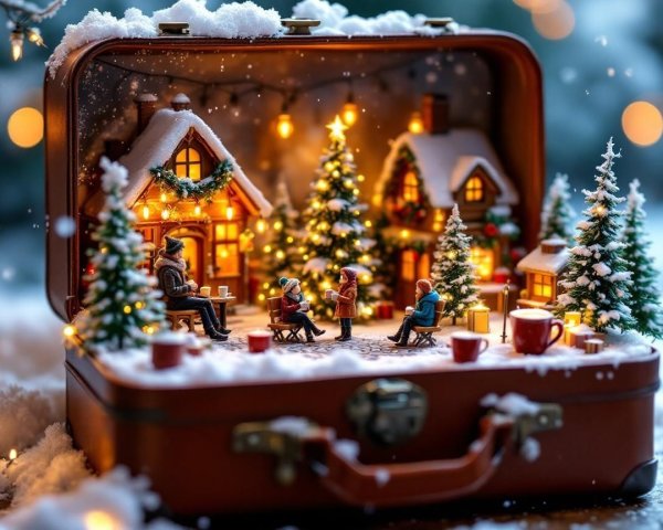 Vintage Suitcase Winter Scene with Miniature Village