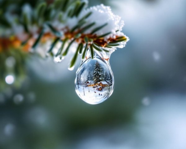 Ice Droplet Reflecting Winter Cabin Scene on Pine Branch