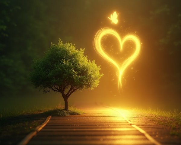 Lone Tree and Path Under Heart-Shaped Light