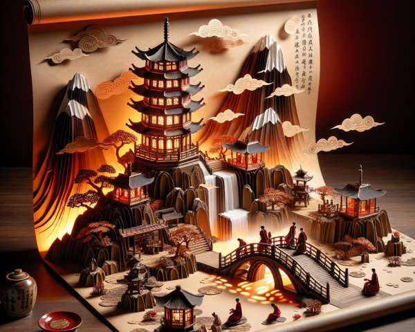Intricate Pop-Up Scene of Serene Asian Landscape