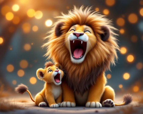 Majestic Lion and Playful Cub in Enchanting Scene