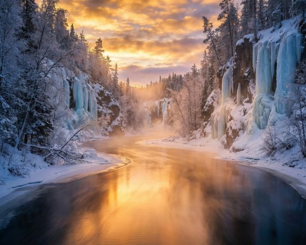 Winter Landscape with River in Snow-Covered Canyon
