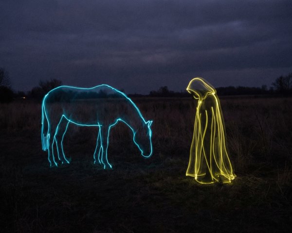 Long-exposure photo of a blue horse and figure