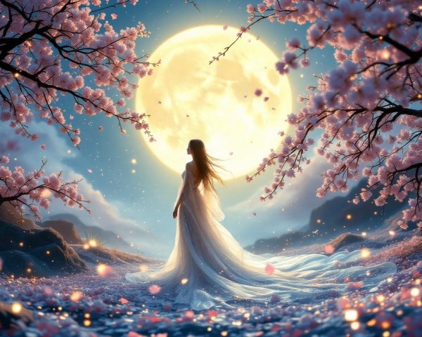 Full Moon Scene with Cherry Blossoms and a Gown