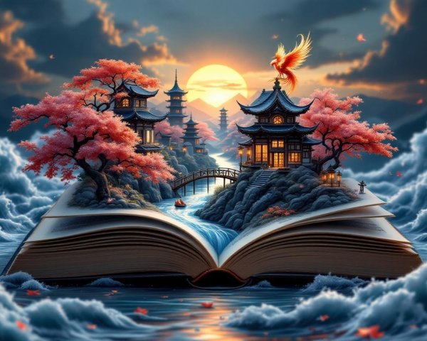 Serene landscape with pagodas and cherry blossoms