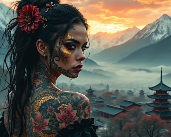 Woman in Black Dress Against Mountain Sunset Landscape