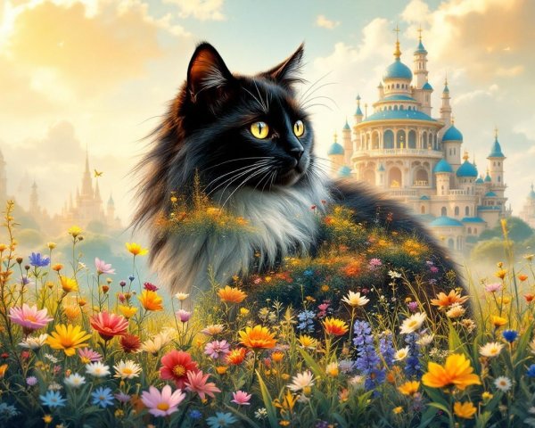 Majestic black cat in whimsical floral landscape