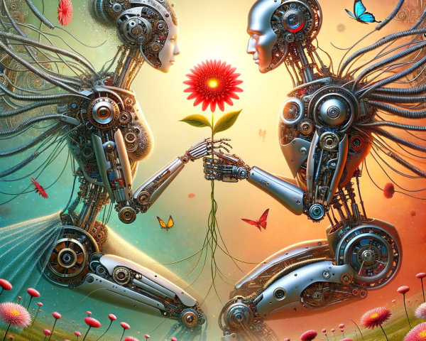 Futuristic Robots Sharing Flower in Surreal Landscape
