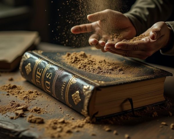 Dust Particles Above Ornate Book on Wooden Surface