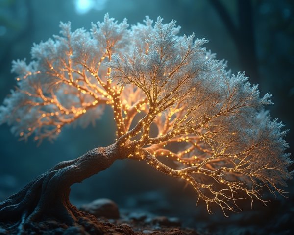 Illuminated Tree in a Misty Forest Setting