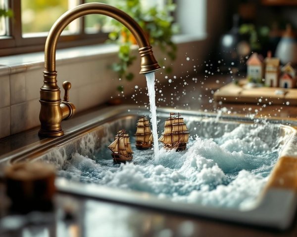 Whimsical Kitchen Sink with Model Ships and Sunlight