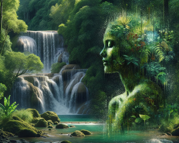 Waterfall and Nature-Inspired Human Face Scene