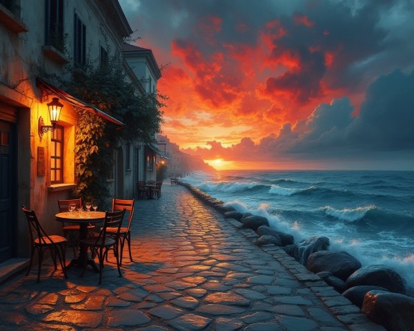 Coastal Walkway with Sunset and Charming Buildings