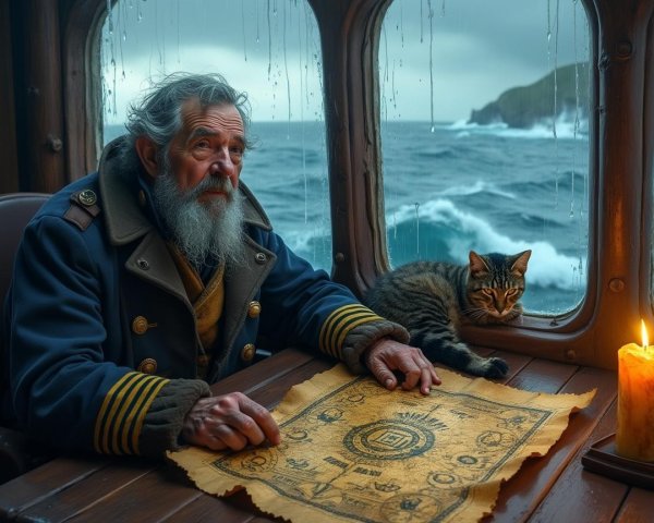Elderly Mariner Examining Treasure Map by Window