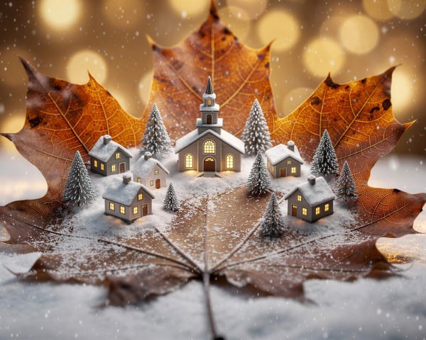 Miniature Winter Village on Autumn Leaf with Snow