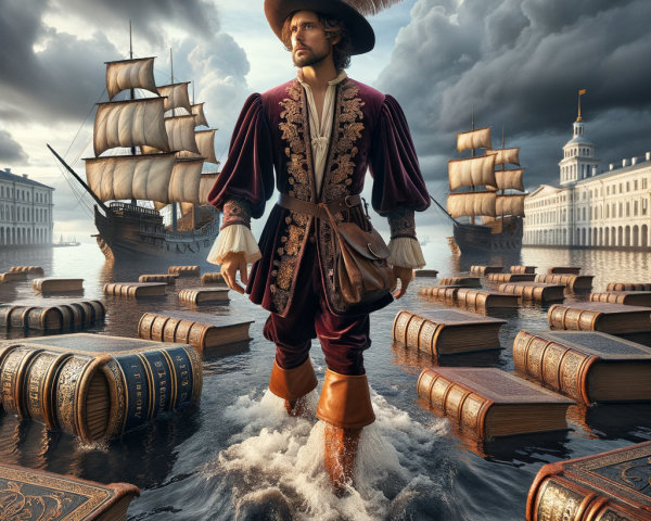 Regal Figure in 17th-Century Attire over Water