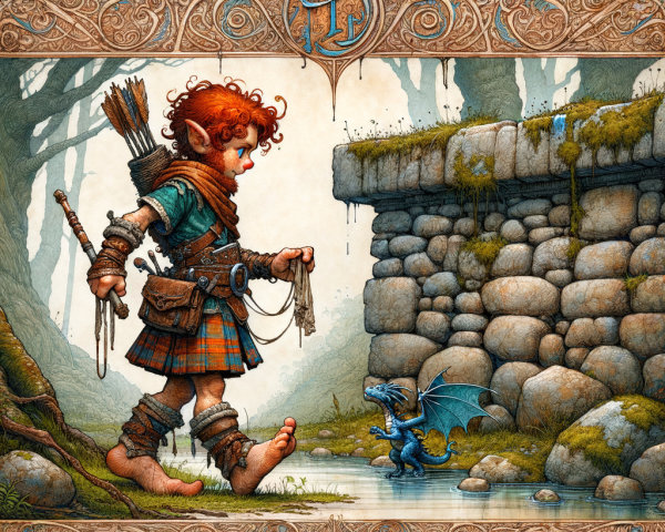 Whimsical Elf and Blue Dragon by a Stream in Forest