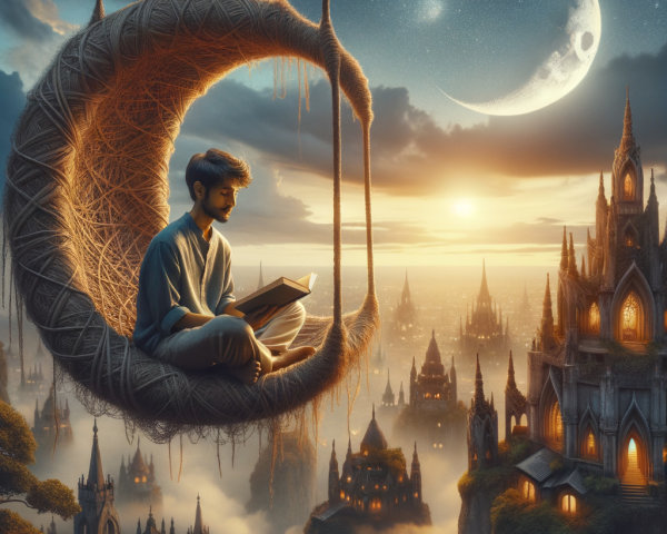 Young man reading in a woven chair at sunset