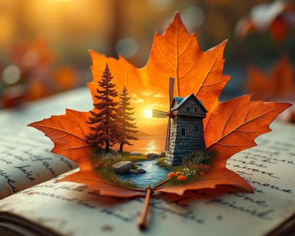 Autumn Leaf Scene with Riverside and Windmill Details