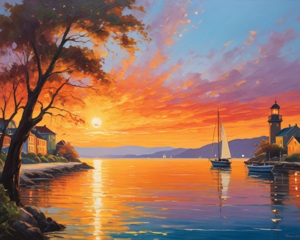 Serene Coastal Sunset with Vibrant Sky and Sailboats