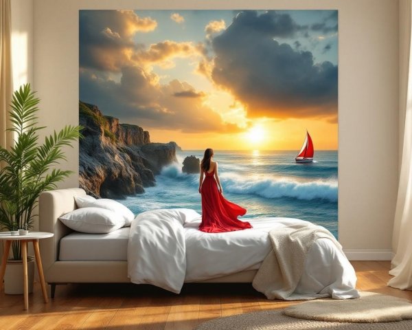 Coastal Sunset Mural in Serene Bedroom Decor