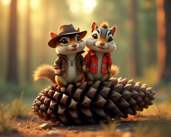 Cheerful Cartoon Chipmunks on Pinecone in Forest