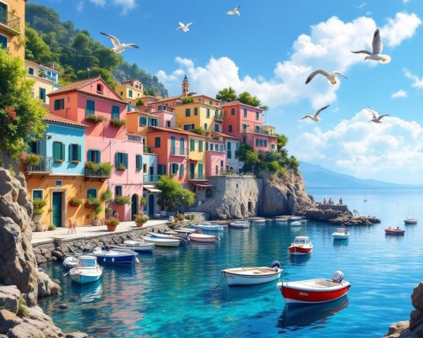 Coastal Scene with Colorful Houses and Blue Bay