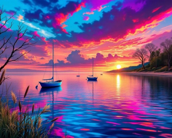 Tranquil Sunset Over Water with Silhouetted Sailboats