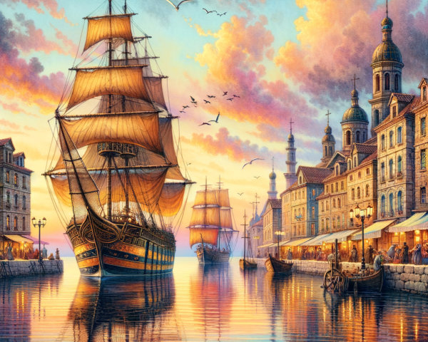 Serene Harbor at Sunset with Tall Ships and Colorful Buildings