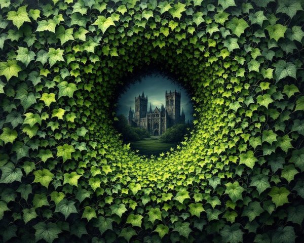 Ancient Castle Framed by Lush Green Ivy and Skies