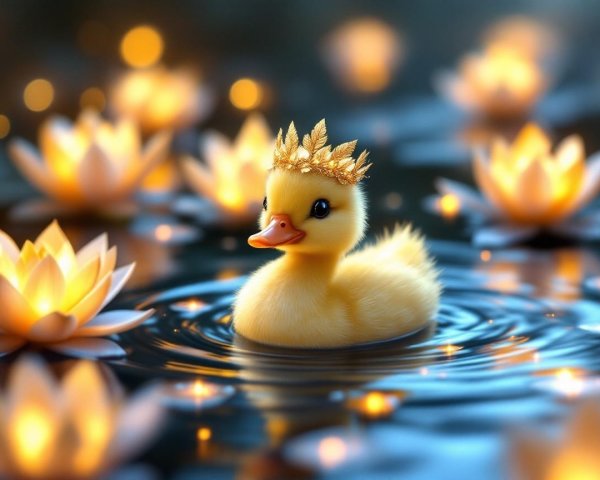 Yellow Duckling on Water with Lotus Flowers and Crown