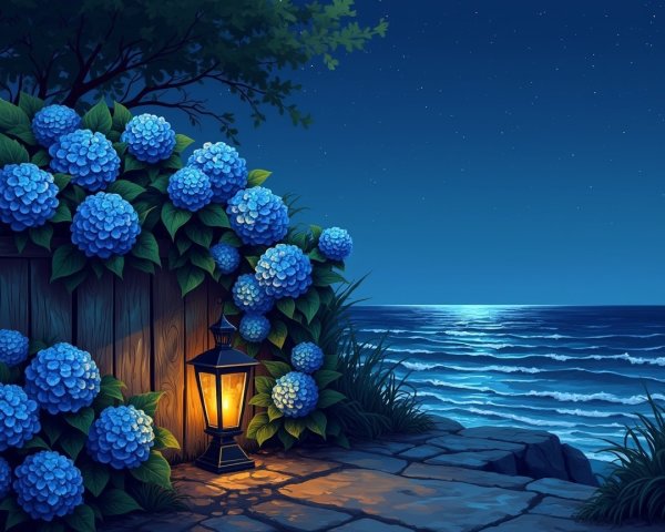 Tranquil Night Scene with Hydrangeas and Ocean Waves