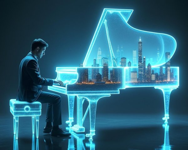 Musician at Translucent Piano in Glowing Skyline