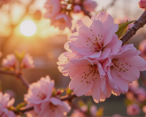 Pink Cherry Blossoms in Golden Sunset Light