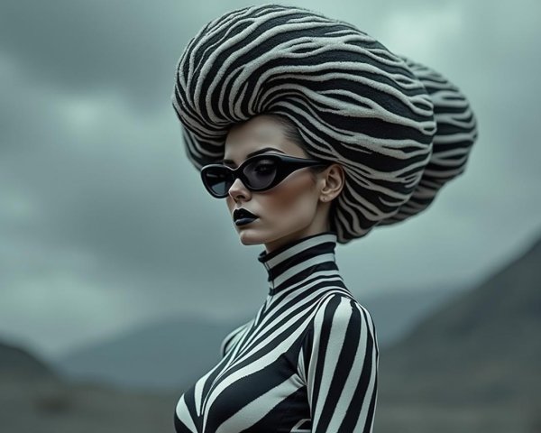 Bold Fashion in Black and White Stripes Against Landscape